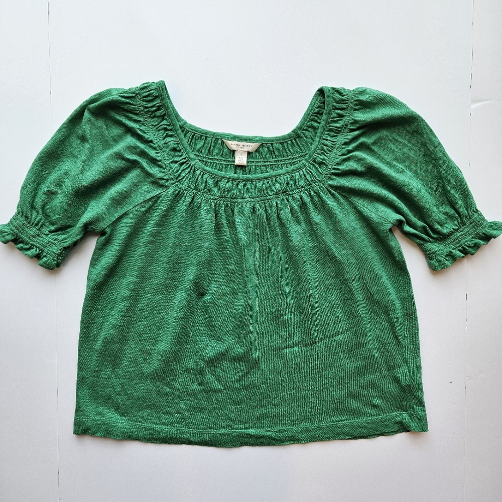 100% Linen Banana Republic Top Women's Size Small Green Puff Sleeves